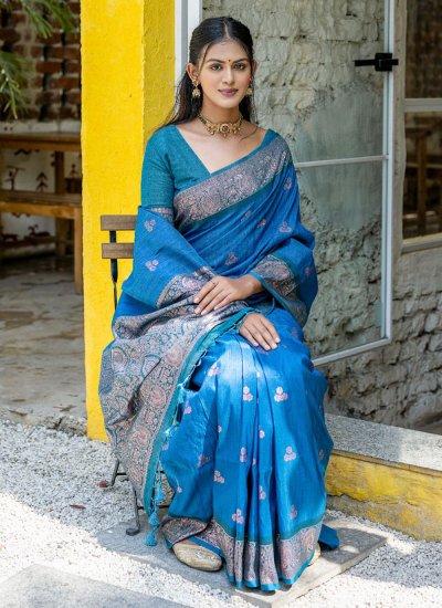 Dazzling Woven Banarasi Silk Blue Trendy Saree