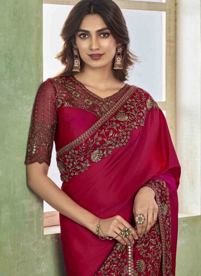 Delectable Hot Pink Sequins Silk Contemporary Style Saree