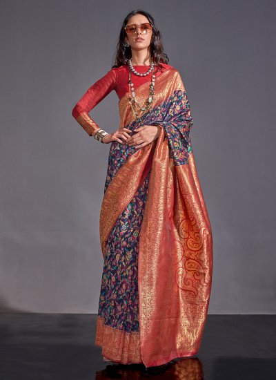 Delightful Handloom silk Blue and Red Classic Saree