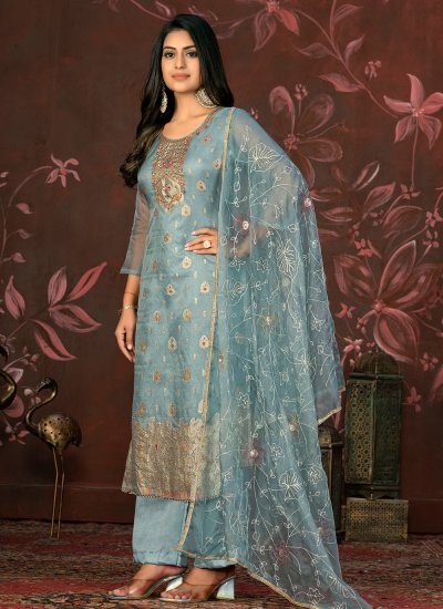Delightful Woven Aqua Blue Salwar Suit 