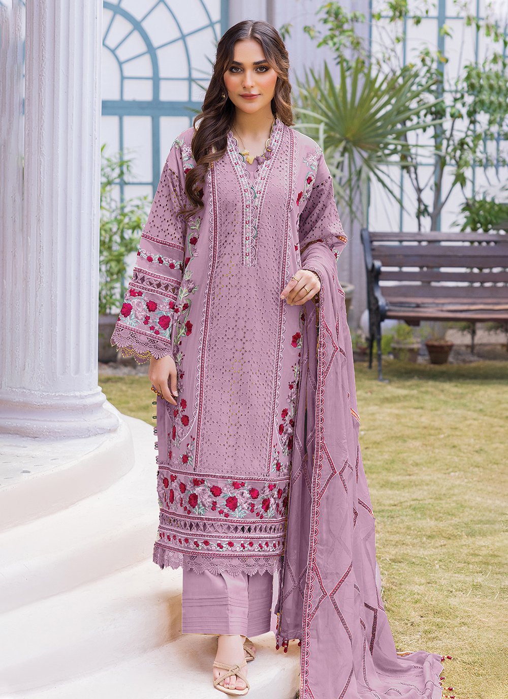 Delightsome Embroidered Purple Pakistani Salwar Suit -