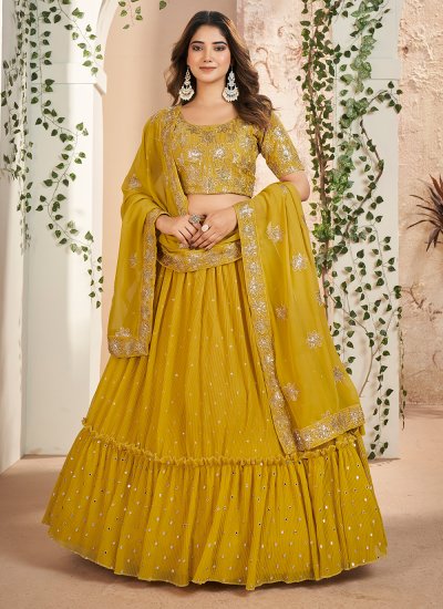 Delightsome Faux Georgette Mustard Embroidered Lehenga Choli