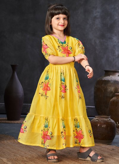 Delightsome Yellow Digital Print Work Fancy Fabric Gown 