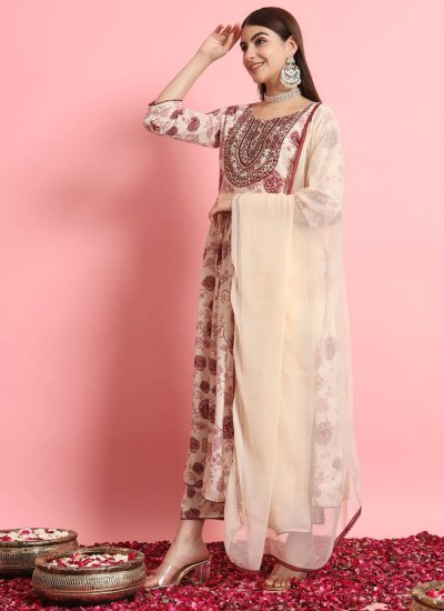 Demure Rayon Beige Embroidered Trendy Salwar Suit