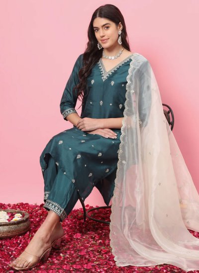 Designer Salwar Kameez Embroidered Silk Blend in Teal