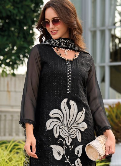 Designer Salwar Suit Embroidered Organza in Black
