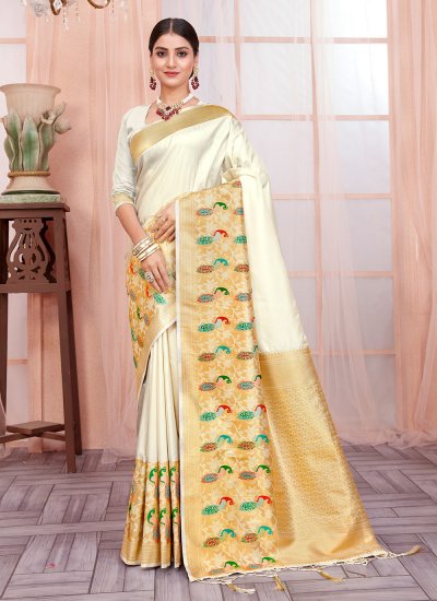 designer traditional saree weaving silk in gold and off white 254761
