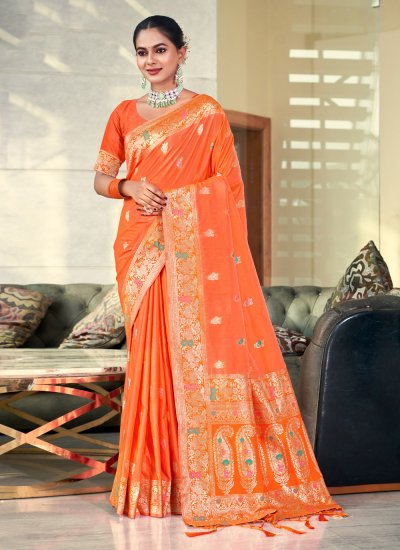Designer Traditional Saree Weaving Silk in Orange