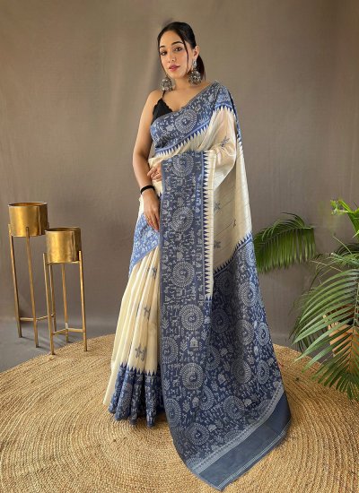 Desirable Printed Blue Tussar Silk Classic Saree