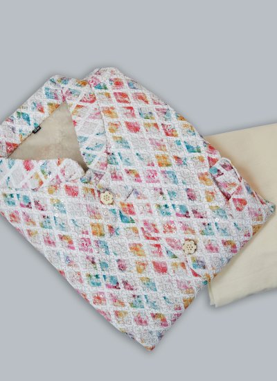 Digital Print Cotton Kurta Payjama With Jacket in Multi Colour and Off White