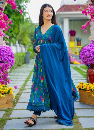 Digital Print Maslin Silk Trendy Salwar Suit in Blue