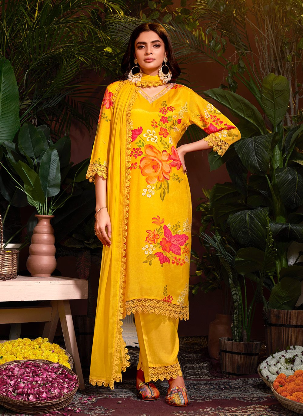 Digital Print Muslin Designer Palazzo Salwar Kameez in Yellow