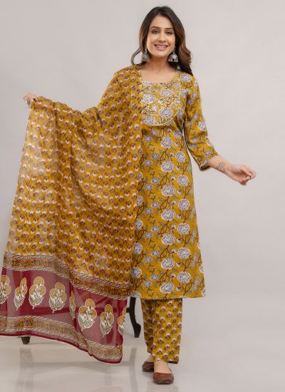Digital Print Rayon Readymade Salwar Suit in Mustard