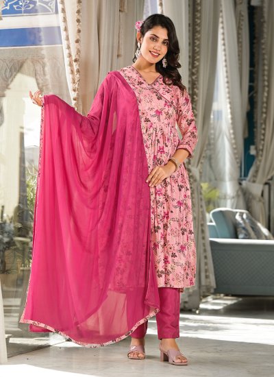 Digital Print Silk Readymade Salwar Kameez in Pink