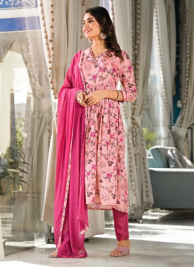 Digital Print Silk Readymade Salwar Kameez in Pink