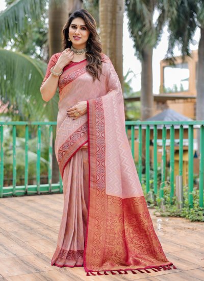 Dignified Weaving Pink Kanjivaram Silk Contemporary Saree