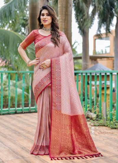 Taffy Pink Woven Kanjivaram Silk Saree – Zari Banaras