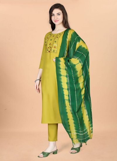 Distinctively Blended Cotton Yellow Embroidered Designer Salwar Suit