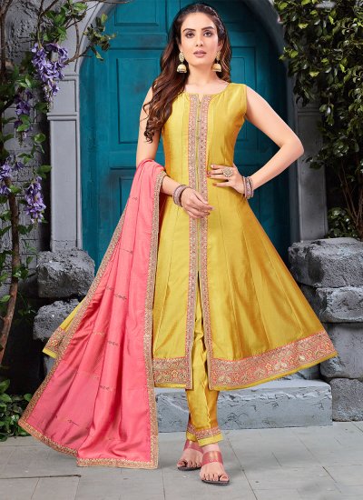 Mustard Chanderi Cigarette Pants With Embroidered Borders