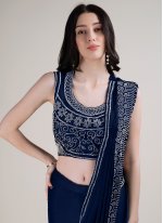 Distinctively Stone Work Satin Silk Blue Designer Saree