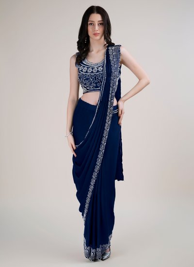 Distinctively Stone Work Satin Silk Blue Designer Saree