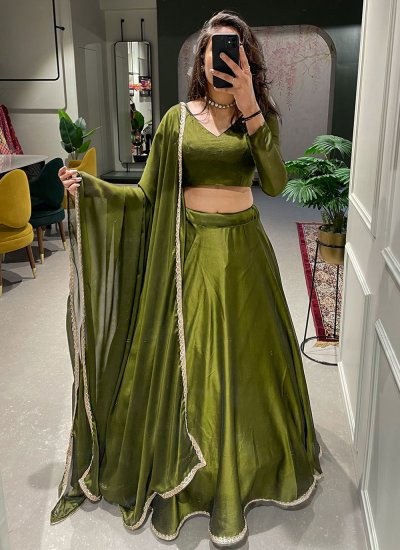 Distinguishable Green Lace Rangoli Trendy Lehenga Choli