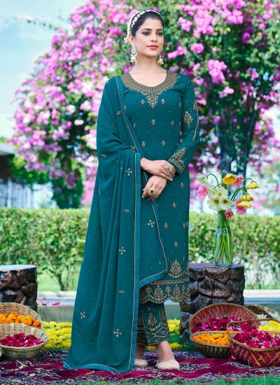 Divine Georgette Teal Embroidered Trendy Salwar Kameez