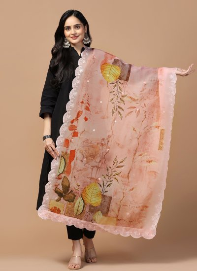 Dupatta Digital Print Organza in Peach