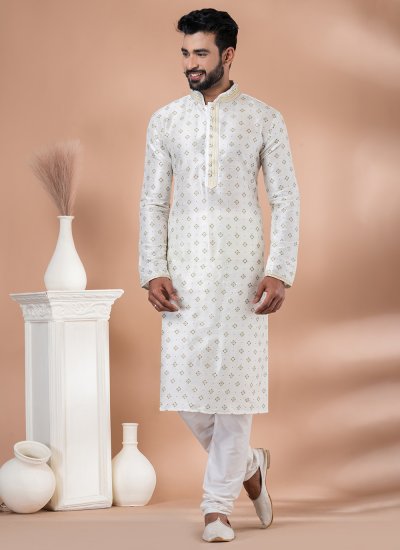 Dupion Silk Fancy Kurta Pyjama in Off White