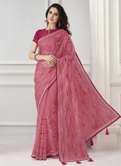Elegant Silk Stone Pink Contemporary Style Saree