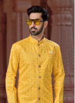 Embroidered Banglori Silk Indo Western Sherwani in Yellow