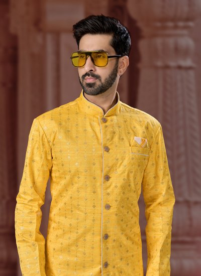 Embroidered Banglori Silk Indo Western Sherwani in Yellow