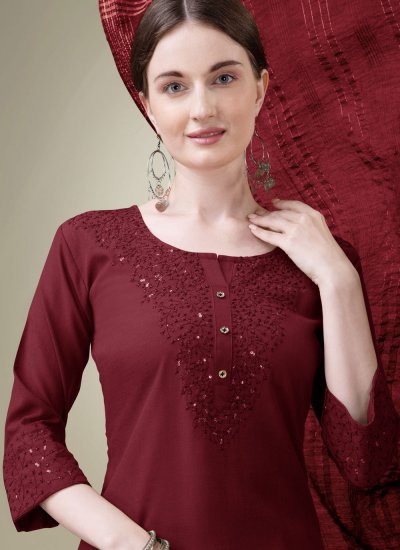 Embroidered Blended Cotton Trendy Salwar Suit in Maroon