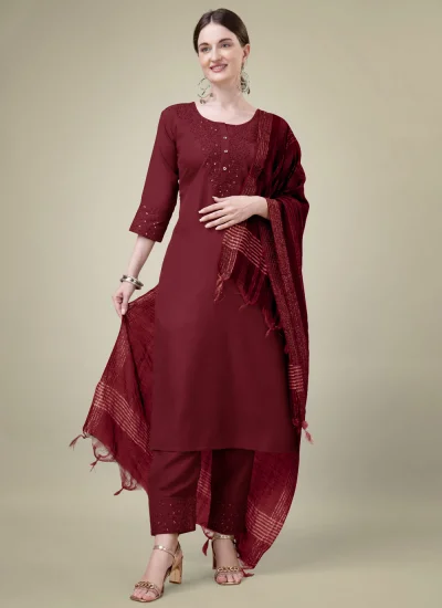 Embroidered Blended Cotton Trendy Salwar Suit in Maroon