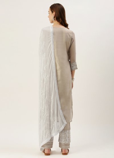 Embroidered Chanderi Pant Style Suit in Grey