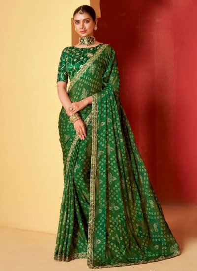 Embroidered Chiffon Trendy Saree in Green