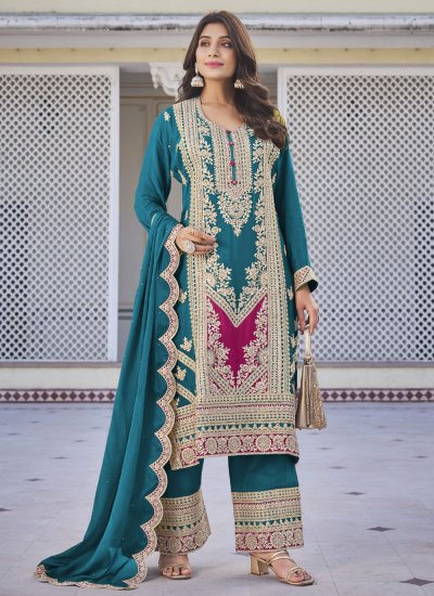 Embroidered Chinon Trendy Salwar Kameez in Teal