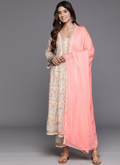 Embroidered Cotton Pant Style Suit in Off White