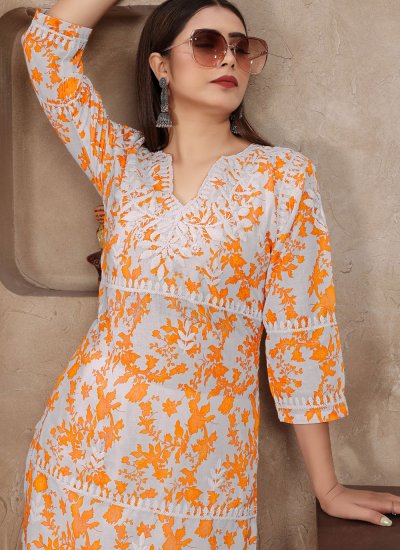 Embroidered Cotton Party Wear Kurti in Orange