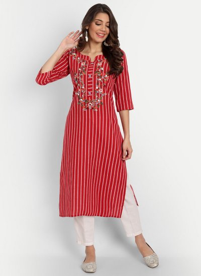 Embroidered Cotton Party Wear Kurti in Red