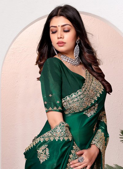 Embroidered Crepe Silk Trendy Saree in Green
