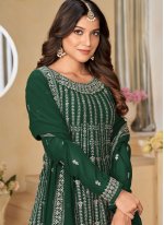 Embroidered Faux Georgette Trendy Salwar Suit in Green