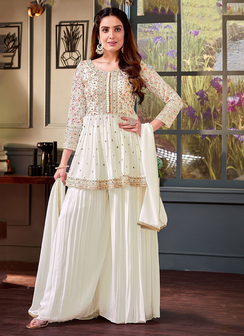 Embroidered Georgette Designer Salwar Kameez in White -
