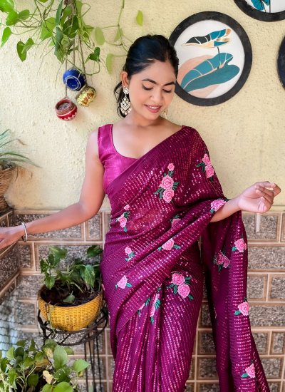 Embroidered Georgette Designer Traditional Saree in Wine