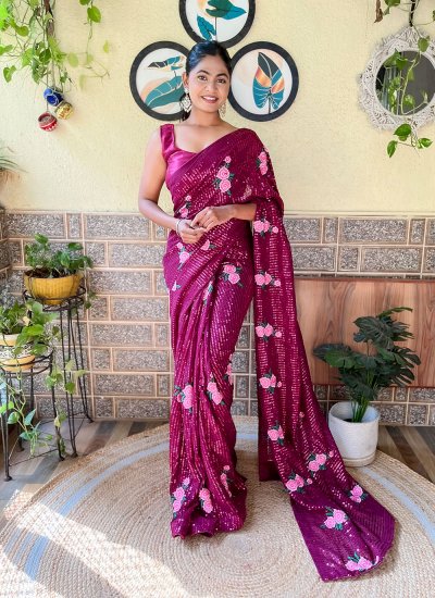 Embroidered Georgette Designer Traditional Saree in Wine