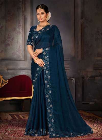 Embroidered Georgette Saree in Turquoise