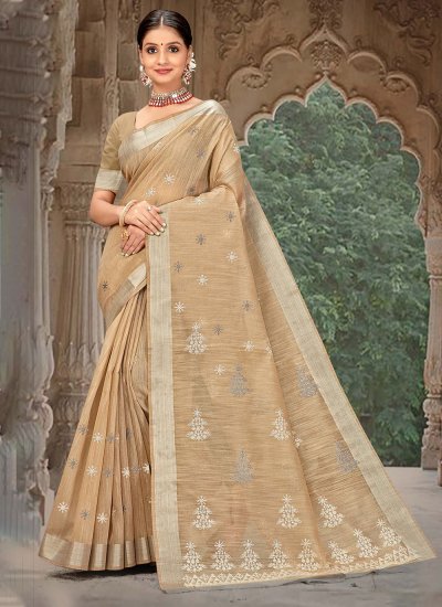 Embroidered Linen Classic Saree in Beige