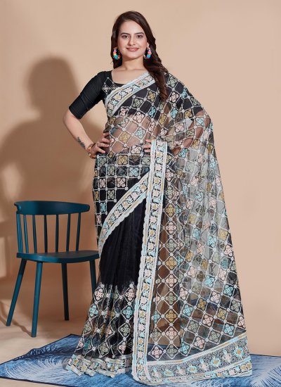 Embroidered Net Saree in Black