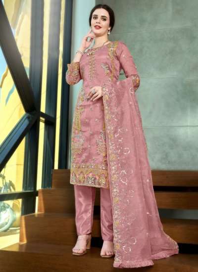 Embroidered Organza Trendy Salwar Kameez in Rose Pink