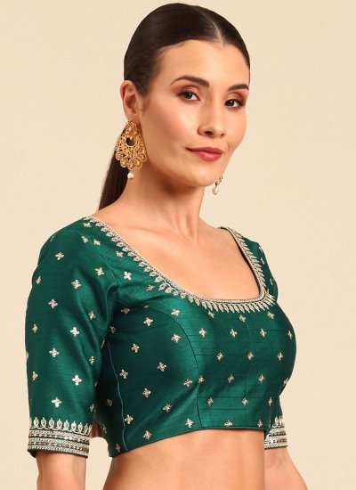 Embroidered Raw Silk Blouse in Green